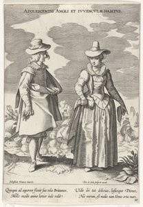 Casal vestido de acordo com a moda inglesa, c. 1610
Adolescentis Angli et Ivvenclvae Habitvs (título sobre o objecto)
Fantasias de vários países (título da série)
Variarum Gentium Ornatus (título da série) de Pieter de Jode (I)