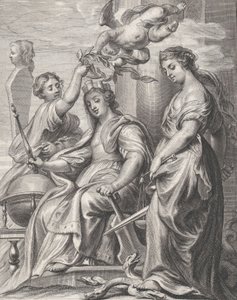 Alegoria do Bom Governo, sentado ao centro e sendo coroado por um putto e um wo..., c. 1640-74. de Pieter de Jode II