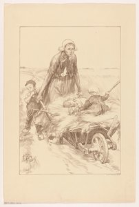 A mulher do agricultor empurrando um carrinho de mão com feno e dois filhos de Pieter de Josselin