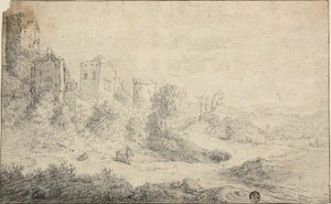 Paisagem com castelo em ruínas e três figuras