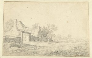 Paisagem de dunas com três figuras em frente a uma fazenda de Pieter de Neyn