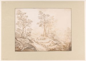 Paisagem arborizada com mulher, homem e agricultor de Pieter de Porck
