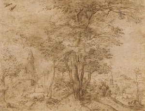 Uma vila com um grupo de árvores e uma mula, c.1552-54 de Pieter Bruegel the Elder
