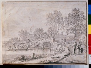 "maio: paisagem com uma ponte" (Ponte sobre um canal (Mês de maio)) de Pieter the Elder Molyn
