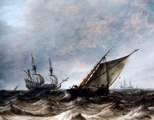 Um Smalschip e um Homem de Guerra em Mares agitados (óleo sobre painel) de Pieter the Elder Mulier