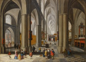 Interior de uma catedral com figuras
