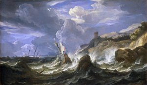 Naufrágio numa tempestade perto de uma costa rochosa. Óleo sobre tela, meados do século XVII, de Pieter Mulier II, o Jovem (ou Pietro Mulieribus ou Pietro Cavaliere Tempesta) (1637-1701). de Pieter the Younger (1637 1701) Mulier