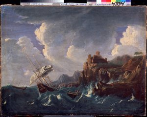 Mar tempestuoso. Mar tempestuoso. Pintura de Pieter Mulier II, o Jovem (ou Pietro Mulieribus ou Pietro Cavaliere Tempesta) (1637-1701). Arte holandesa, estilo barroco. Óleo sobre tela. Museu Estadual de História e Arte, Serpukhov (Serpukhov).