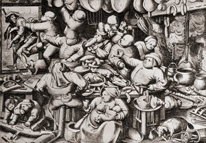 Mendigo a ser expulso da cozinha de um homem rico, no século XVI (gravura) de Pieter the Younger Brueghel