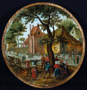 Camponeses dançando ao redor de uma árvore em uma rua da vila, 1625 de Pieter Brueghel the Younger