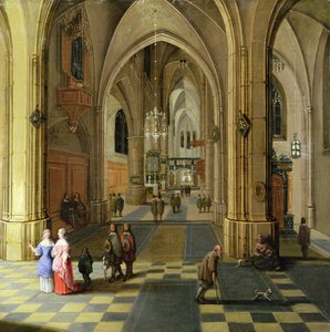 O interior de uma catedral gótica com duas mulheres conversando