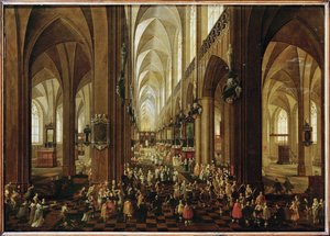 Interior de Notre Dame de Antuérpia, receção do Arquiduque Leopoldo Guilherme pelo capítulo (pintura sobre madeira de carvalho) de Pieter the Younger Neefs
