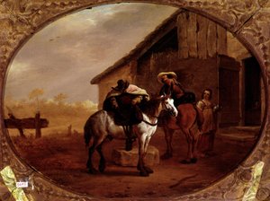 Saída do hotel Dois cavaleiros cavalgam em seus cavalos após uma parada em uma pousada. Pintura de Pieter Van Laer dit Bamboccio (BAmboche ou Bamboots) (1592/5-1642) (ec.holl.) Sol do século XVII. 32x43 cm Paris, musee du Louvre - Saída da pousada, por Pie de Pieter van Laar
