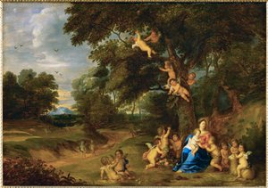 Santa Maria com o Menino Jesus, São João Batista e anjos (pintura sobre madeira de carvalho) de Pieter van Avont