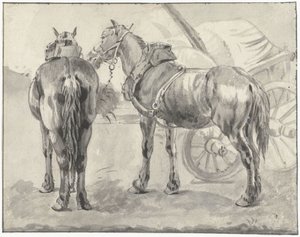 Dois cavalos de arreios com um carrinho