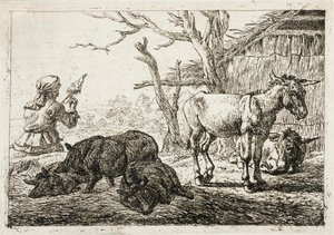 Suínos e burros num estábulo, à esquerda uma mulher fiandeira