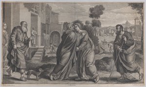 Visitação, Santa Isabel abraçando a Virgem no centro enquanto São José caminha para..., ca. 1656-60 de Pieter van Lisebetten
