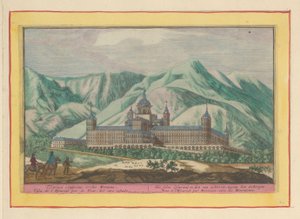 Vista traseira do Escorial O próprio Escurial; ser visto por trás, contra as Montanhas (título no objeto) Theatrum Hispaniae (...) (título da série) de Pieter van den Berge