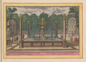 Extrato da Fonte do Espinho nos Jardins do Palácio Real de Aranjuez Fonte do Harpyen e do Toonpluysertjen em Aranjues (título no objeto) Theatrum Hispaniae (...) (título da série) de Pieter van den Berge