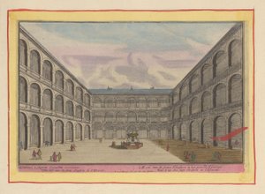 Vista do pátio de um dos mosteiros do Escorial Um dos Sete Mosteiros no Escurial relatado (título no objeto) Theatrum Hispaniae (...) (título da série) de Pieter van den Berge
