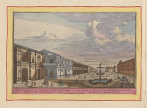 Vista de uma praça com uma fonte em Sevilha A Fonte na Grande Praça de S. Francisco, em Sivilie (título no objeto) Theatrum Hispaniae (...) (título da série)