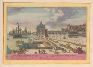 Vista do Palácio Real em Lisboa e o adro com pessoas A Corte Real, em Lisboa; Zeewaartz (título no objeto) Theatrum Hispaniae (...) (título da série) de Pieter van den Berge