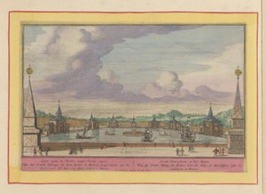 Grande lagoa com navios nos jardins do Palacio del Buen Retiro em Madrid Groote Waterplaats, no Retiro (título no objeto) Theatrum Hispaniae (...) (título da série) de Pieter van den Berge