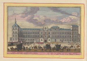 Vista frontal do Palácio Real em Madrid
O Palácio do Rei, de frente, dentro de Madrid (título sobre o objecto)
Theatrum Hispaniae (...) (título da série) de Pieter van den Berge