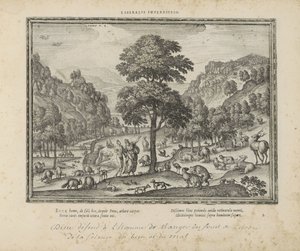 Deus mostrou a Adam het paradijs Proibição liberal (título no objeto) Os Emblemas Sagrados e as Principais Histórias de Ambos os Testamentos (Oude Testament) (título da série) Imagens e figuras de livros (título da série) de Pieter van der Borcht (I)