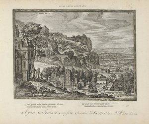Landschap conheceu de verdrijving van Hagar em Ismaël door Abraham Filhos adotivos de lucus (título no objeto) Os Emblemas Sagrados e as Principais Histórias de Ambos os Testamentos (Oude Testament) (título da série) Imagens e figuras de livros (título da  de Pieter van der Borcht (I)