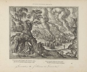 Vernietiging van Sodom em Gomorra / Lot en zijn dochters Eterno monumento da justiça (título no objeto) Os Emblemas Sagrados e as Principais Histórias de Ambos os Testamentos (Oude Testament) (título da série) Imagens e figuras de livros (título da série) de Pieter van der Borcht (I)