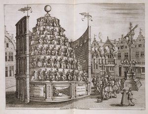 Ilustração que descreve um teatro móvel, a partir da história histórica de começar a inauguração ... &39;por Bochius, Plantin Press, 1602