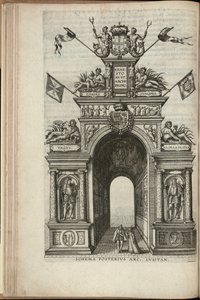 Rios Tejo, Prata, Ganges e Hydaspes. A face posterior do arco triunfal português, Entrada de Ernst, Arquiduque da Áustria, em Antuérpia, publicado 1595 (gravura)