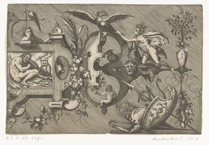 Metade direita de uma grande cartucheira representando a Noite
Compertimenta pictoriis flosculis manubiisque... (título da série) de Pieter van der Heyden