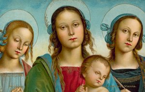 Virgem com o Menino entre as Santas Rosa e Catarina (cromolitografia) de Pietro (after) Perugino