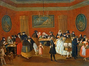O Ridotto: cena de baile de máscaras ... (pintura sobre tela) de Pietro (circle of) Longhi