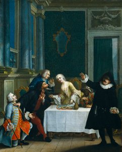 "O lanche com as máscaras" Comediantes vestindo fantasias da Commedia dell