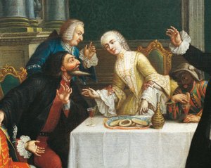 "O lanche com as máscaras" Comediantes vestindo fantasias da Commedia dell