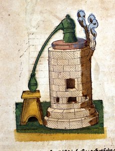 Alquimia: Aparelho para destilação. Gravura de um livro de Pietro Andrea Mattioli (Matthiole) (1500-1577). Frankfurt