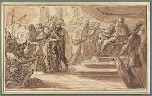 Um bispo é amarrado diante de um imperador romano de Pietro Bianchi