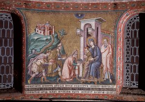 Adoração dos Magos do Mosaico da abside de Pietro Cavallini (ativa por volta de 1273-1330) final do século XIII (Adoração dos Magos, mosaico da abside de Pietro Cavallini, final do século XIII) Roma, Igreja Santa Maria em Trastevere Itália