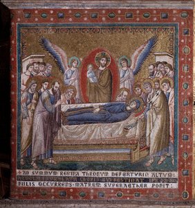A dormitório mosaico da abside de Pietro Cavallini (ativo por volta de 1273-1330) final do século XIII (Trânsito da virgem, mosaico da abside de Pietro Cavallini, final do século XIII) Roma, Igreja Santa Maria em Trastevere Itália