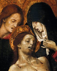 Descida da Cruz (Deposizione), detalhe de São João, a Virgem Maria e Cristo, início do século XVI (tempera no painel) de Pietro Cavaro
