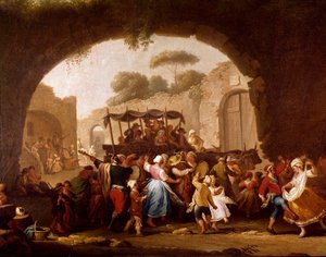 Cena de dança e festa popular em Nápoles Detail. Dançarinas de Tarantella (tarantella, tarantella). Pintura de Pietro Fabris (ativa entre 1763 e 1776) Nápoles do século XVIII, Museo Nazionale di San Martino