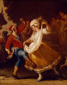 Cena de dança e festa popular em Nápoles Detalhe da tarantella (tarantella, tarantella). Pintura de Pietro Fabris (ativa entre 1763 e 1776) Nápoles do século XVIII, Museo Nazionale di San Martino