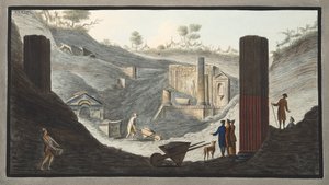 Primeiras escavações em Herculano, nas quais Sir William estava ativo com o apoio dos monarcas, de "Campi Phlegraei: Observações sobre os vulcões das Duas Sicílias", de William Hamilton, 1776