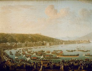 A partida de Carlos III de Espanha (Carlos III) (1716-1788) da Baía de Nápoles (Itália). Pintura de Pietro Fabris (1756-1779), óleo sobre tela de Pietro Fabris