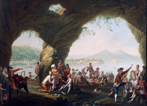 Cenas do cotidiano em uma caverna em Posillipo, perto de Nápoles, de Pietro Fabris (óleo sobre tela) de Pietro Fabris