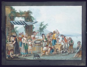 Comedores de esparguete na baía de Nápoles, com o Vesúvio em fundo (guache sobre papel) de Pietro Fabris