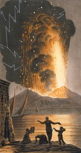 Vista da grande erupção do Monte Vesúvio na noite de domingo 8 de agosto de 1779 de seu palácio de majestosas sicilianas em Pausilipo, placa II, publicado em 1779 (gravura colorida à mão)